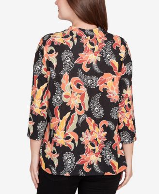 Petite Shirt Collar Floral Paisley Button Front Top