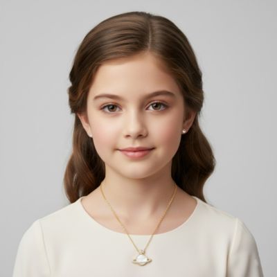 14K Gold Plated with Mother Of Pearl & Clear Cubic Zirconia Saturn-Inspired Necklce For Kids