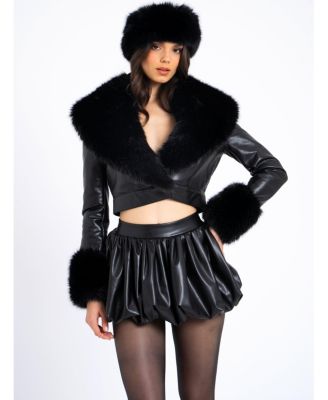 Women's Ziah Cropped Leather Jacket with Fur Collar