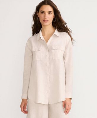 Women's Linen Roll Sleeve Relaxed Tunic Top