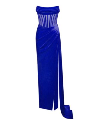 Women Priya Royal Blue Draping Corset High Slit Velvet Gown