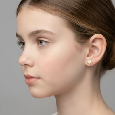 14K Gold Plated with White Mother Of Pearl Umbrella Design Stud Earrings For Kids