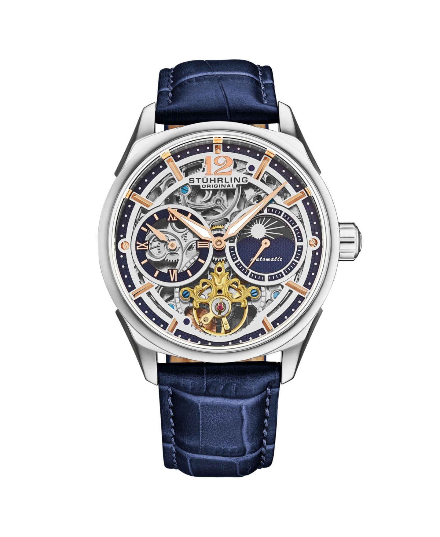 Часы Stuhrling Vanguard 1019.02 Legacy Collection Dual Time Automatic Skeleton Watch 42mm Stainless Steel Blue Dial Leather Strap, цвет: Синий — фото 1