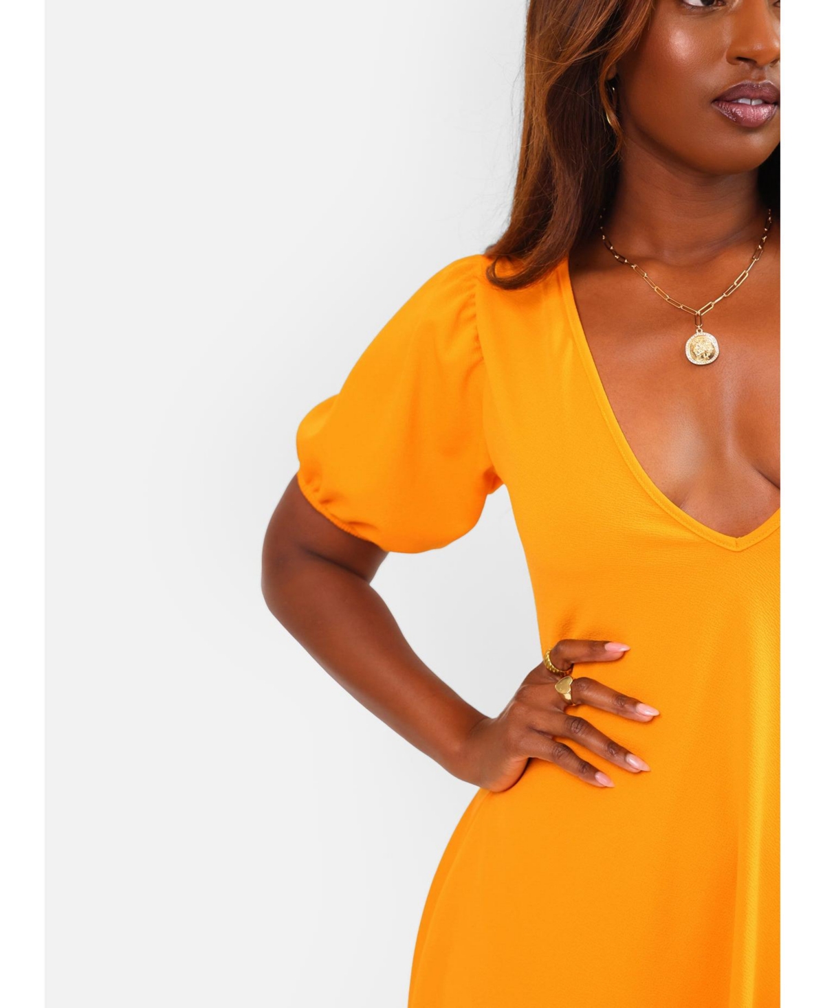 Rebdolls Women's Puff Sleeve A Line Midi Dress w. Pockets