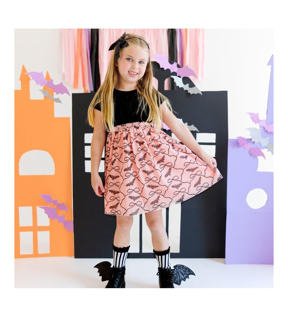 Sweet Wink Toddler Girls Bat Trellis Halloween Short Sleeve Tutu Dress