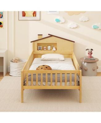 Twin Size Kids Bed Solid Wood Platform Bed w/ Under-bed Storage & Storage Cube