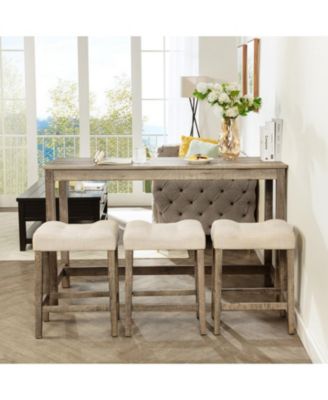 4 Piece Bar Table Set with Power Outlet and 3 Padded Stools for Dining or Living Room