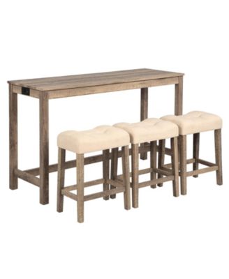 4 Piece Bar Table Set with Power Outlet and 3 Padded Stools for Dining or Living Room