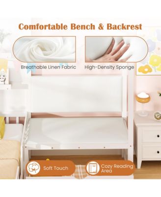 Twin Size House Bed Kids Platform Bed w/ Padded Bench & Floating Shelves