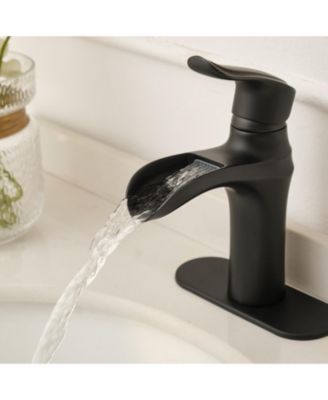 Waterfall Single Handle Single Hole Low-Arc Modern Bathroom Faucet Bathroom Drip-Free Vanity Sink Faucet in Matte Black