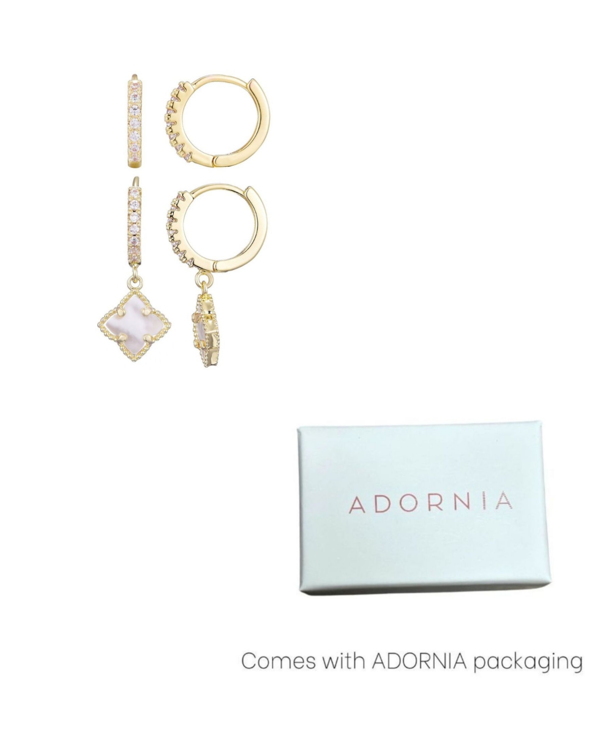 Adornia 14k Gold Plated White Mother Of Pearl Clover Cz Huggie Set In Gold