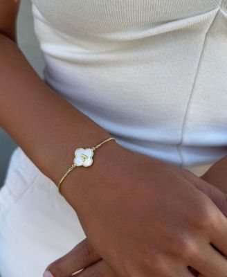 Gold Mother of Pearl Initial Clover Bolo Bracelet