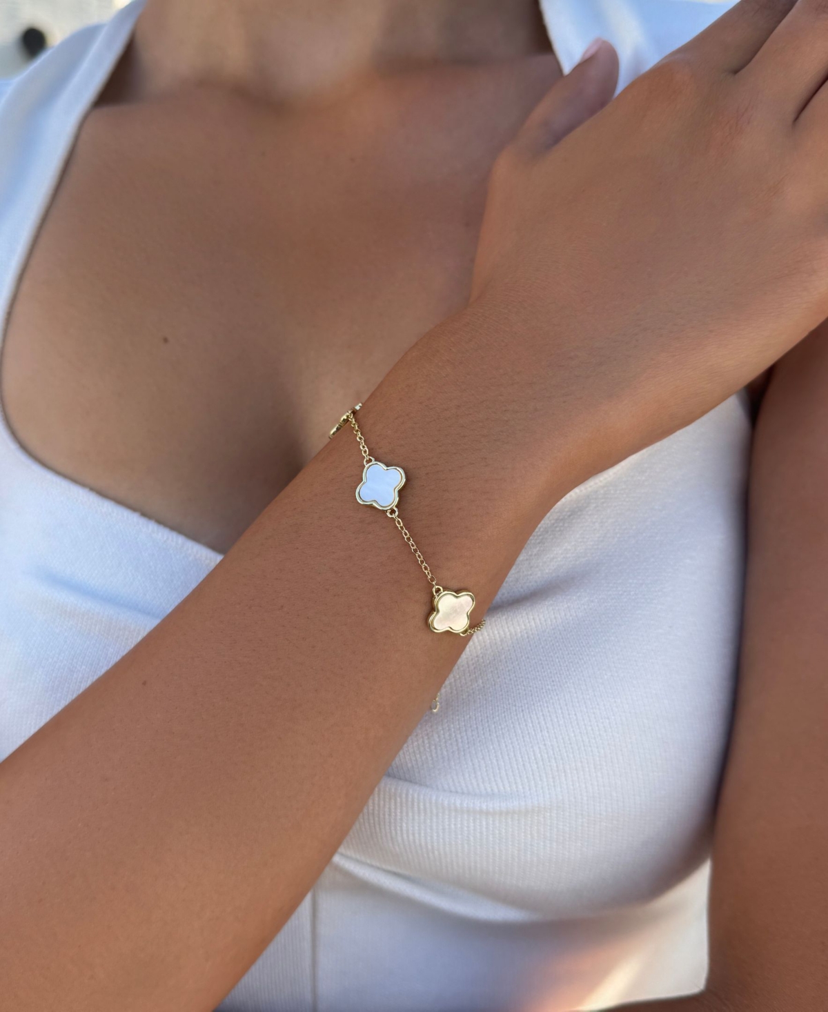 Adornia 14k Yellow Gold Plated White Mother Of Pearl Clover Station Bracelet In Multi