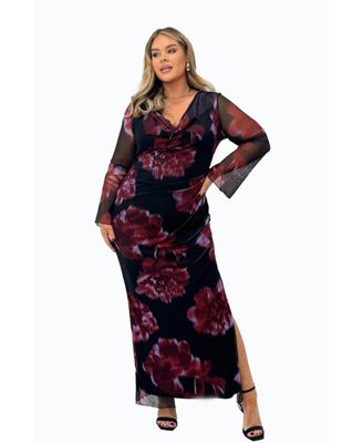 Women's Cowl Neck Mesh Flare Sleeve Maxi Dress