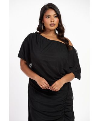 Women's Drop Shoulder Ruched Mesh Midaxi Dress