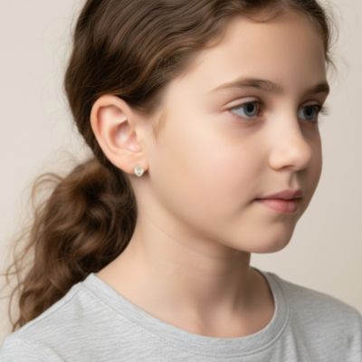 Sterling Silver 14K Gold Plated with White Mother Of Pearl Heart Lock Design Stud Earrings For Kids