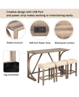 4 Piece Bar Table Set with Power Outlet and 3 Padded Stools for Dining or Living Room