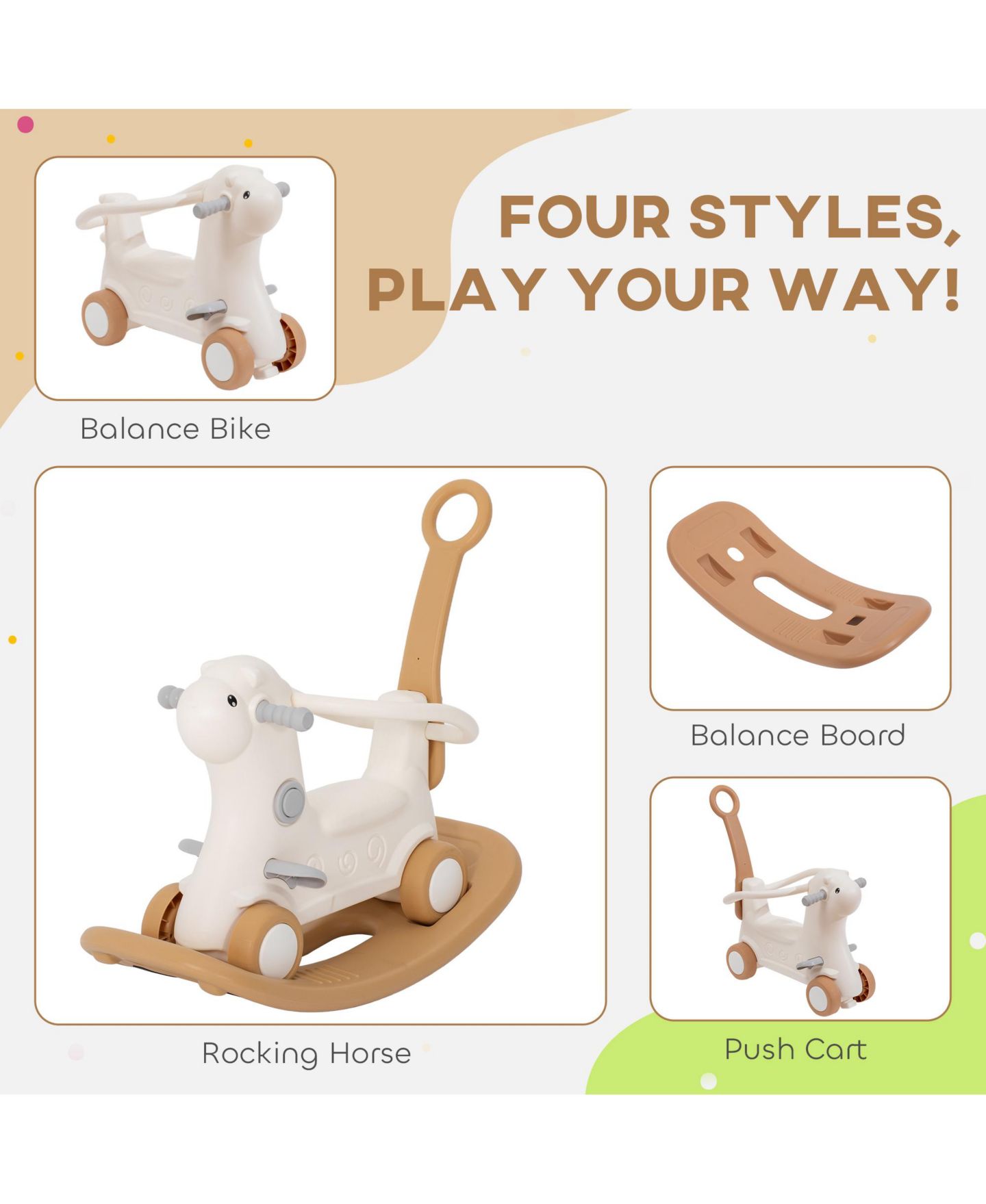 Детская игрушка Qaba 4-in-1 Rocking Horse with Detachable Balance Board, Ages 1-3, цвет: Коричневый — фото 4