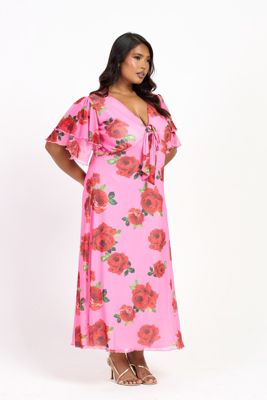 Women's Flutter Sleeve Tie Front Midi Dress