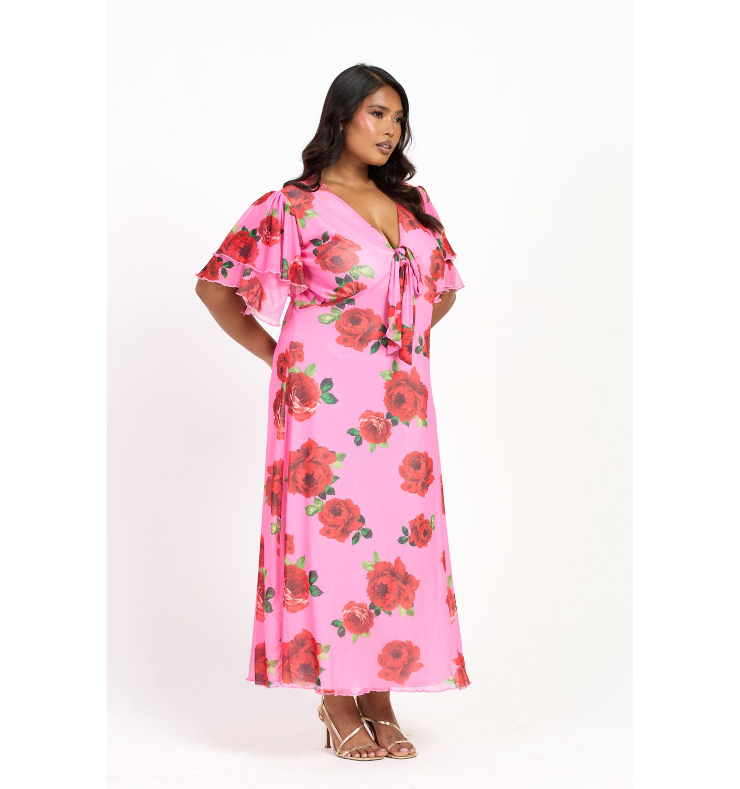 Women's Flutter Sleeve Tie Front Midi Dress