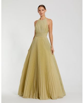 Women's Shimmering Pleated Georgette High Neck Gown