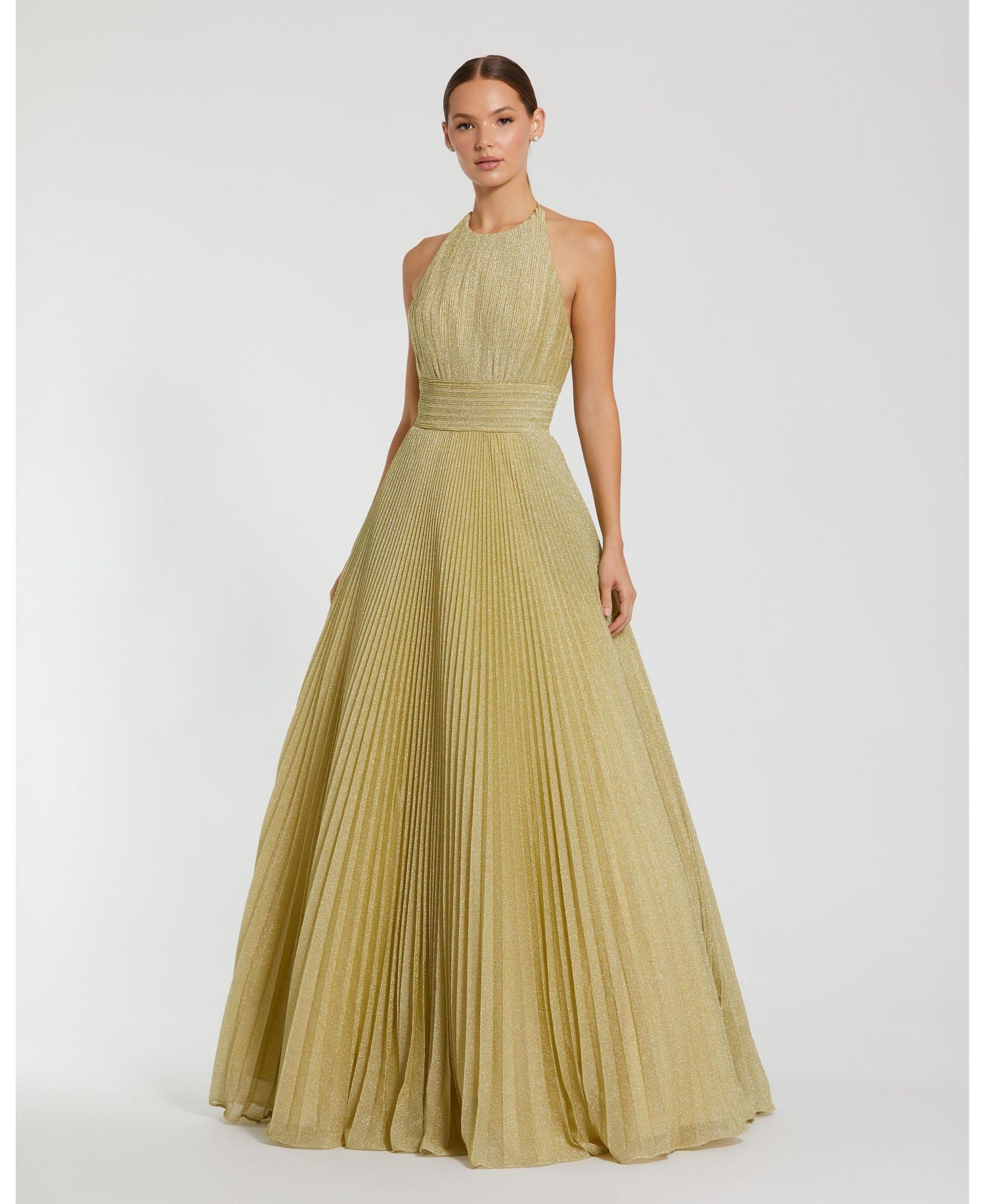 Women's Shimmering Pleated Georgette High Neck Gown