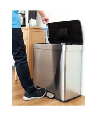 60L / 16 Gal (30L/8 Gal Split) Rectangular Recycle Step Can - Stainless Steel with Black Plastic Lid 