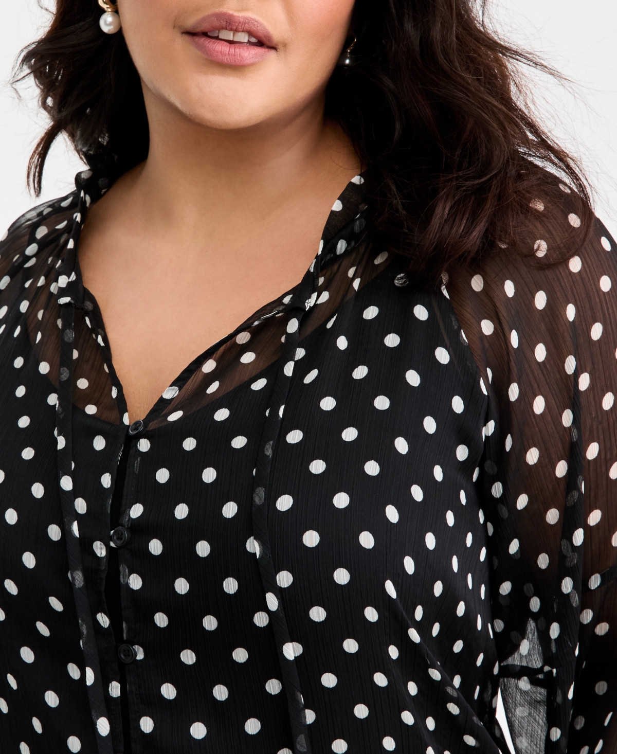 On 34th Trendy Plus Size Polka-dot Crinkle-chiffon Blouse, Macy's Exclusive In Black