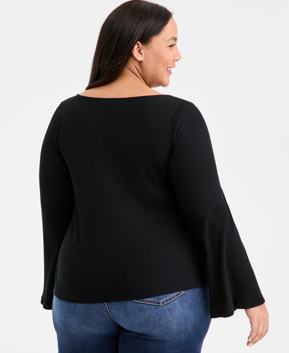 On 34th Trendy Plus Size Rib-knit Boat-neck Bell-sleeve Top, Macy's Exclusive In Black