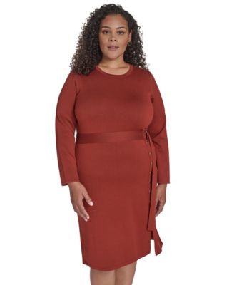 Plus Size Long Sleeve Belted Midi Dress
