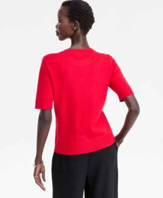 Women's Short-Sleeve Embellished-Neck Sweater, Macy's Exclusive