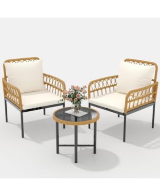 3 Pieces Wicker Patio Bistro Sets Outdoor Conversation Sets with Glass Top Side Table and 2 Modern Rattan Chairs, Patio Furniture Set for Apartment, Backyard, Porch, Balcony, Lawn (Beige)