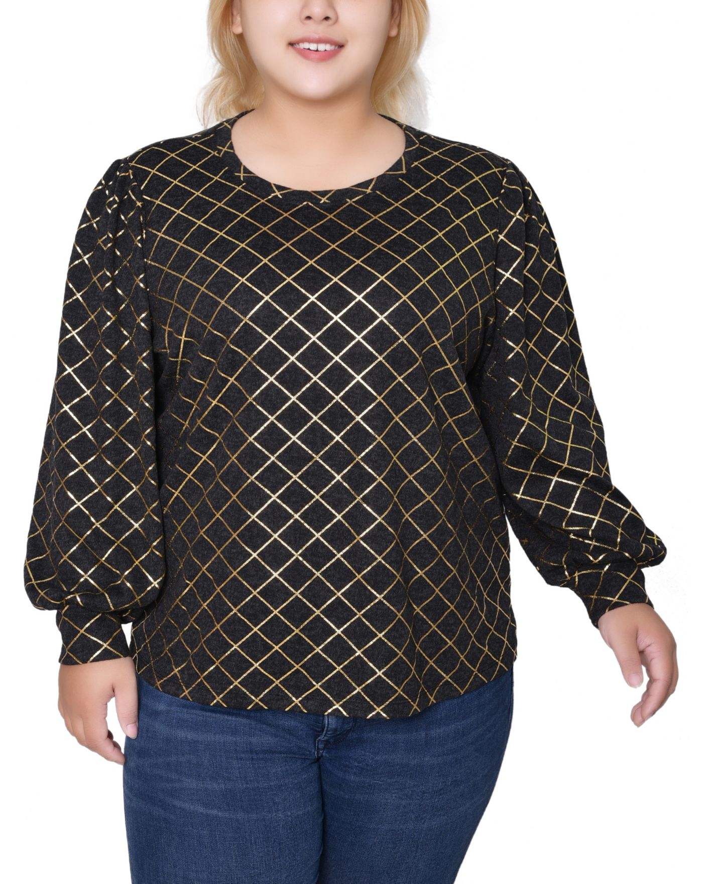 Женский свитер NY Collection Bishop Sleeve Pullover Top, цвет: Чёрный золотой — фото 2