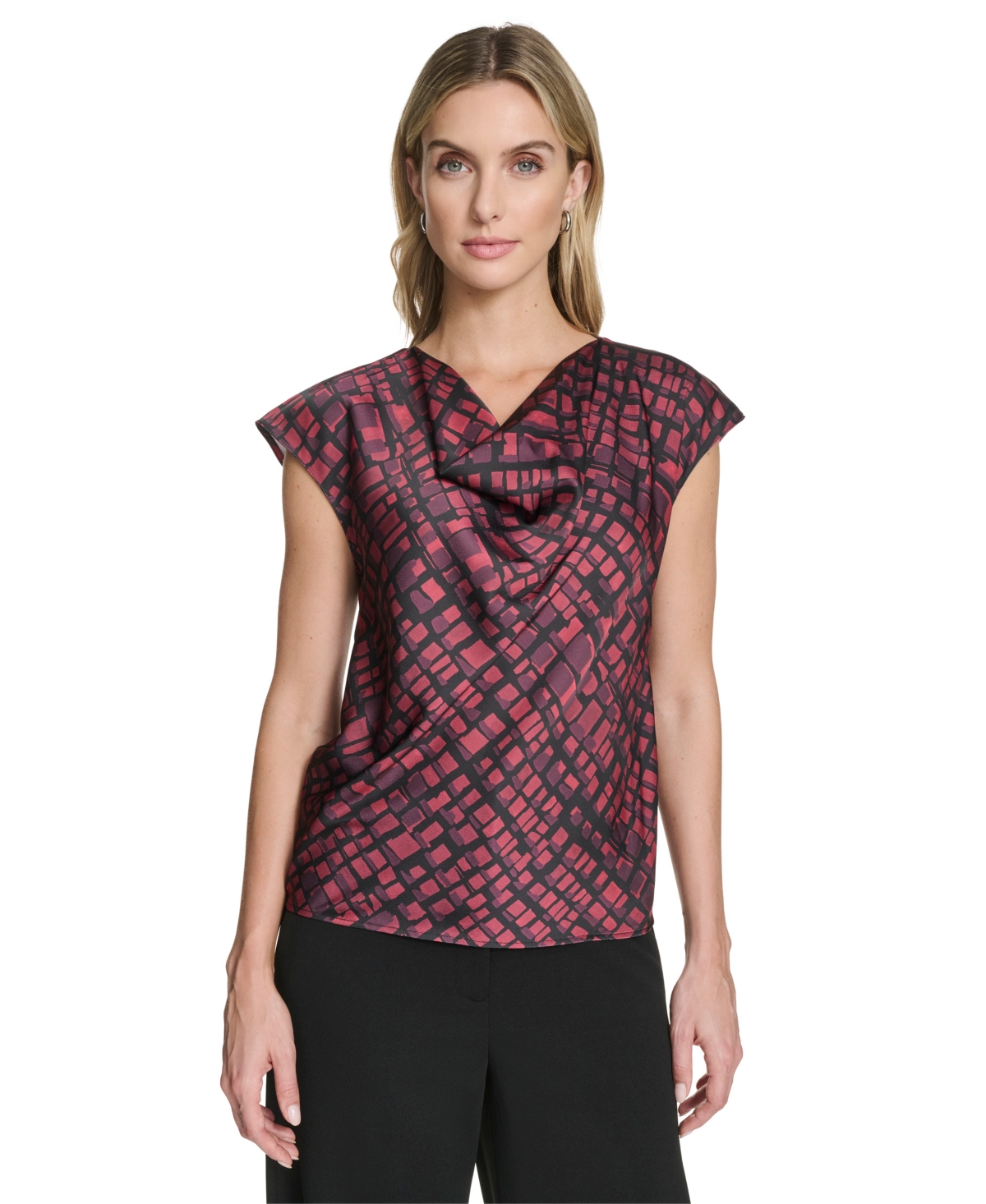 Calvin Klein Women's Short Sleeve Cowl Neck Pull-on Blouse In Brown