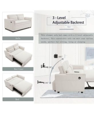 55" Velvet Loveseat Sofa Bed with USB Ports, Adjustable Backrest and Pull-Out Sleeper with Storage Pockets and Pillows-Maison Boucle