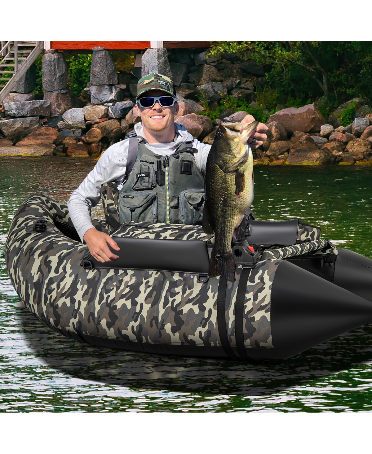 Gymax Inflatable Float Tube w/ Flippers Fish Ruler Rod Holder Storage Pockets Pump