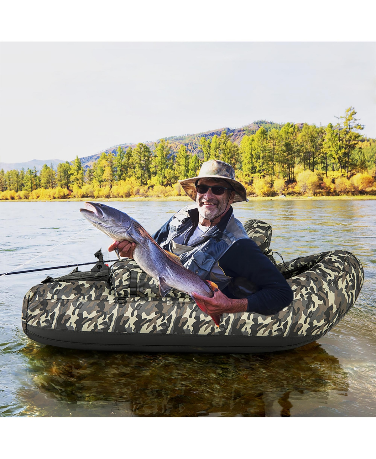 Gymax Inflatable Float Tube w/ Fish Ruler Rod Holder Storage Pockets Flippers Paddle