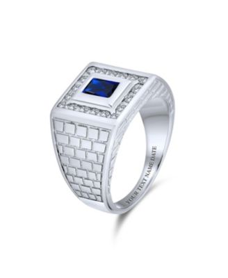 Blue Emerald Cut CZ Statement Ring  – Brick Pattern Sterling Silver Band