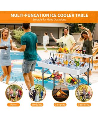 2-Tier Outdoor Portable Folding Ice Cooler Table with Removable Matching Skirt and Shelf
