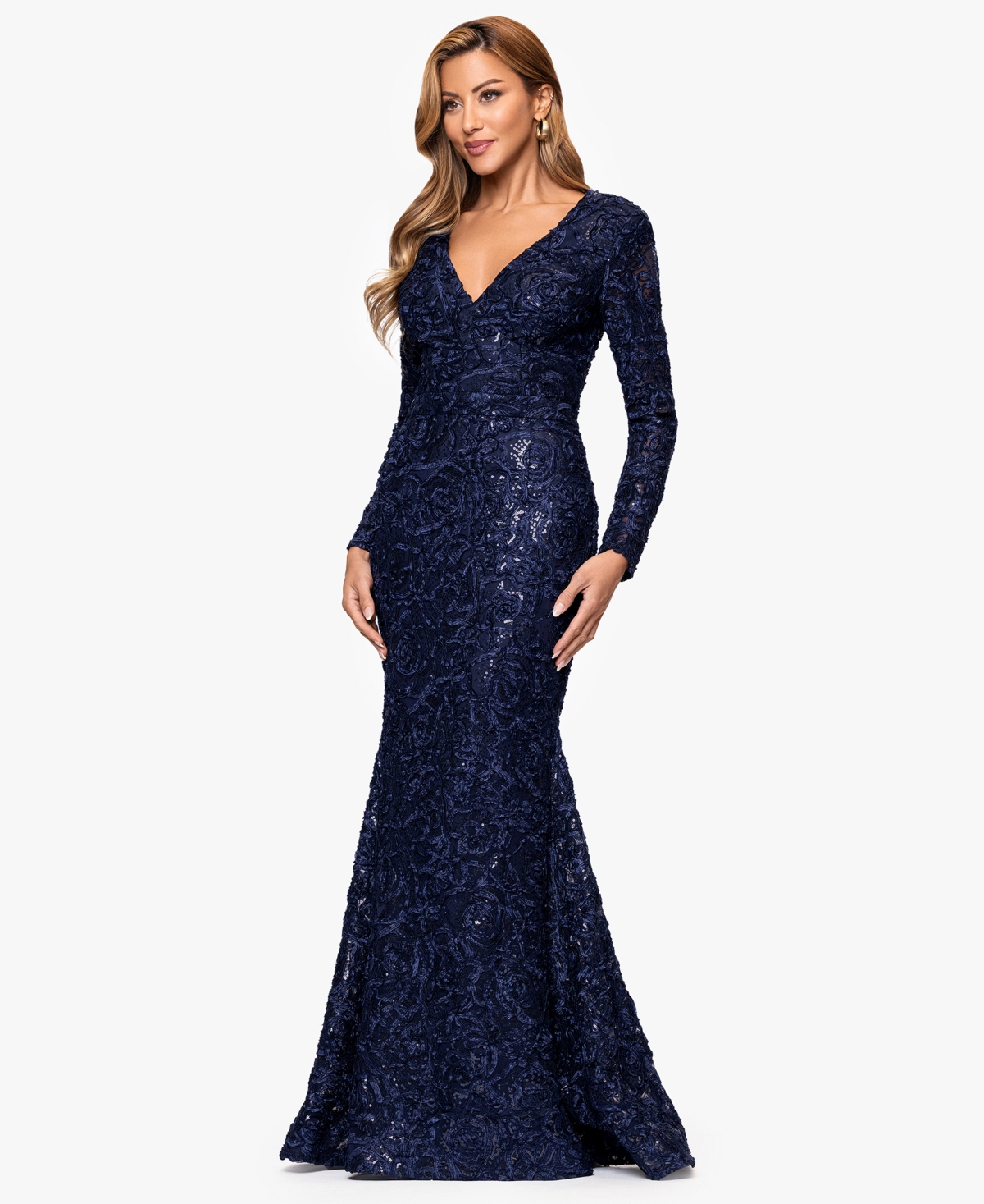 Xscape Women's V-neck Long Sleeve Dress In Blue