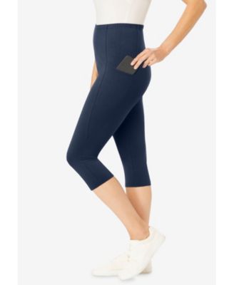 Women's Plus Size Stretch-Cotton Knit Pull-On Pocket Capri Leggings