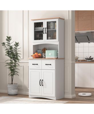Wooden Kitchen Pantry Cabinet with Glass Doors and Storage Drawer