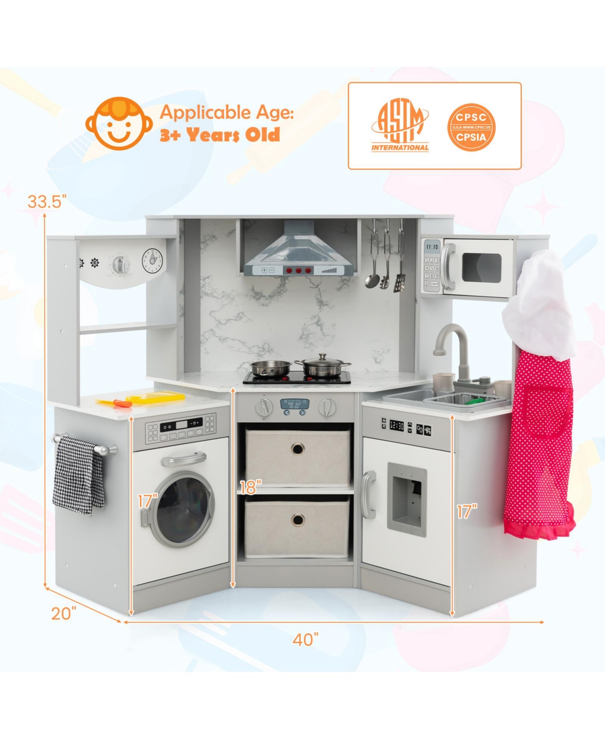Wooden Kids Play Kitchen with Realistic Lights & Sounds – Gray
