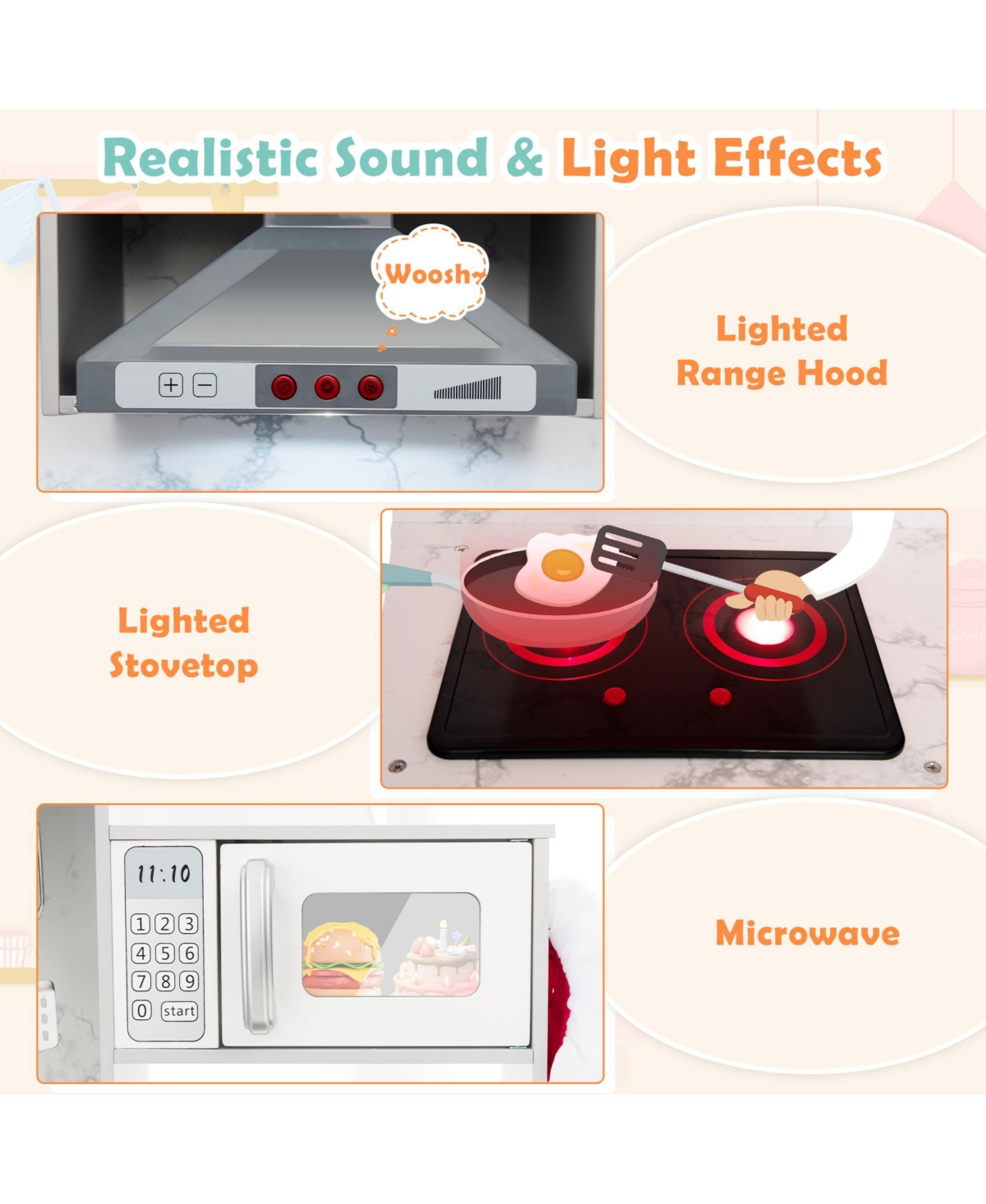 Wooden Kids Play Kitchen with Realistic Lights & Sounds – Gray