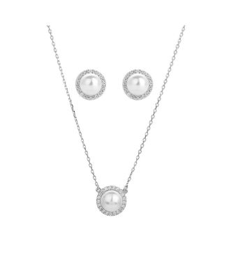 Sterling Silver 18k Gold Plated Eleanor Single Cultured Pearl Necklace & Stud Earrings Set