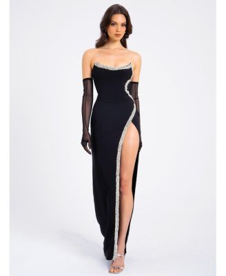 Women Xoana Black Crystal Embellished High Slit Gown