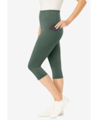 Women's Plus Size Stretch-Cotton Knit Pull-On Pocket Capri Leggings
