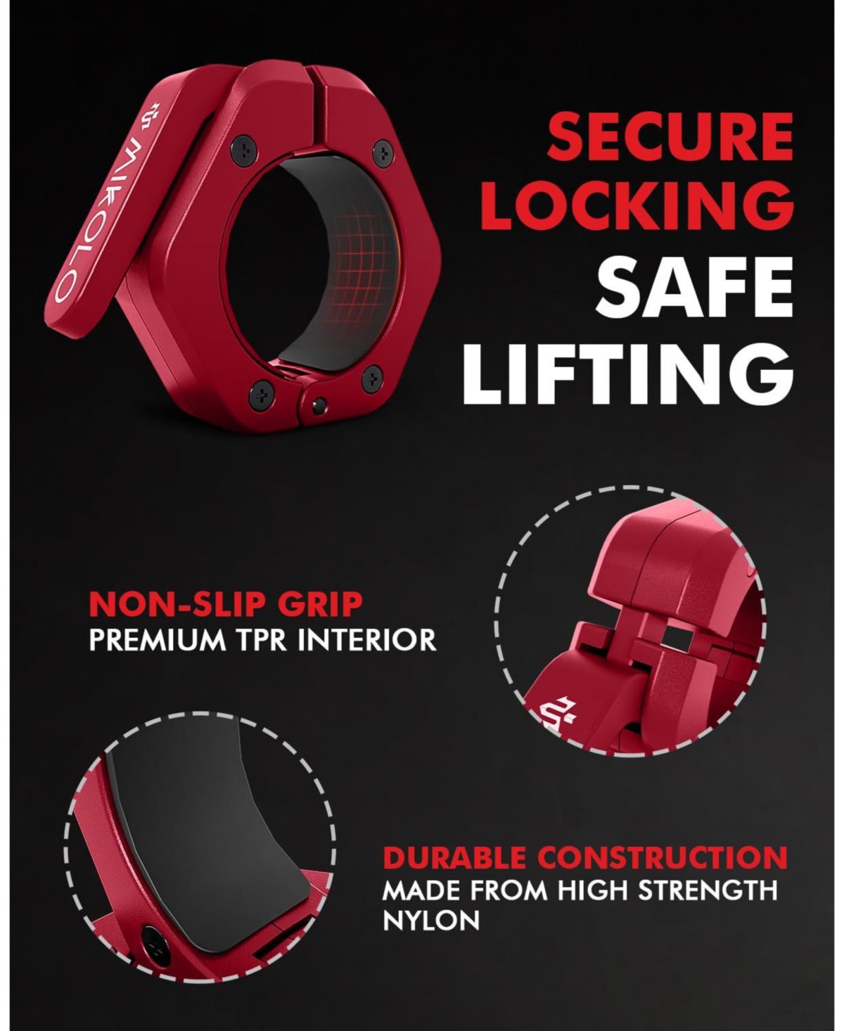 Mikolo Barbell Clamps,2-Inch Olympic Clips with Anti-Slip Tpr Lining and Quick Release for Home Gym Use, (Red)