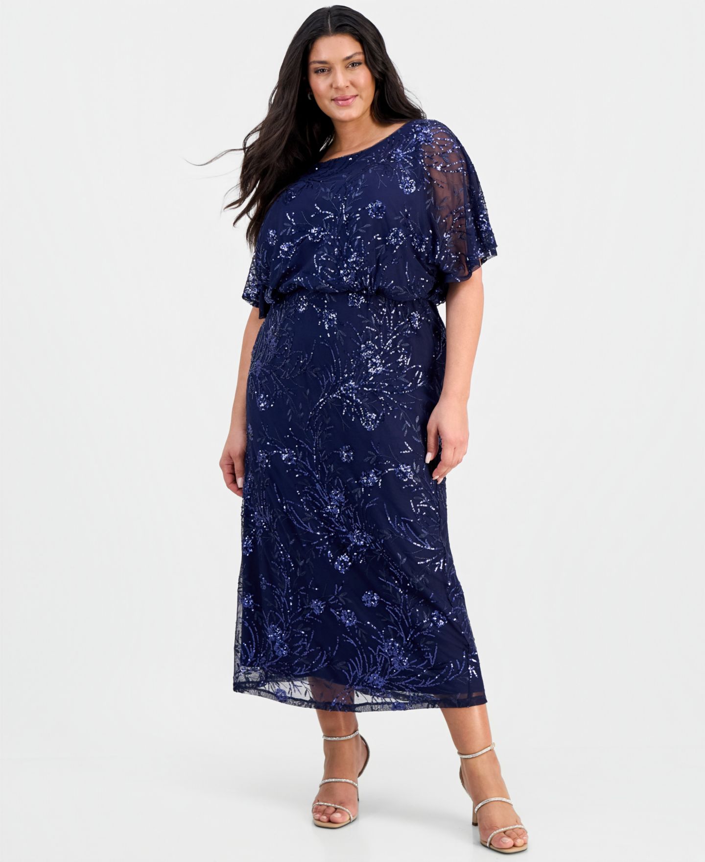 Женское платье SL Fashions Plus Size Round-Neck Blouson Sequin, цвет: Тёмно-синий — фото 1