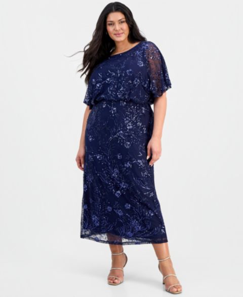 Женское платье SL Fashions Plus Size Round-Neck Blouson Sequin, цвет: Тёмно-синий
